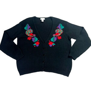 Liz Baker Cardigan Sweater Womens 3X Black Embroidered Knit